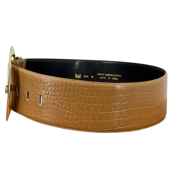 Magid Croco Embossed Wide Leather Belt Women's SZ M Brown Glam Retro Chic Party - Picture 2 of 10